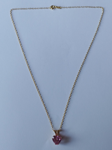 gold plated silver chain with 10 mm pink zirconia heart pendant-anchor chain 45 cm---